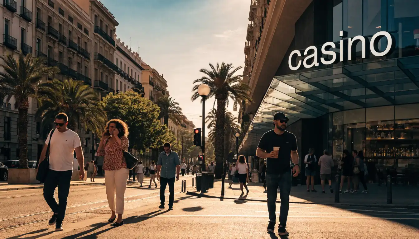 Escena callejera de Madrid con casino iluminado al atardecer