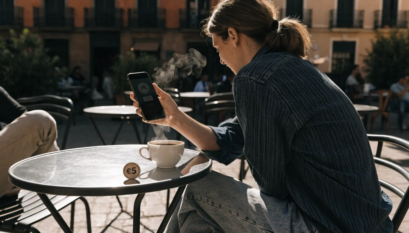 Joven en café español mirando bono de casino gratuito