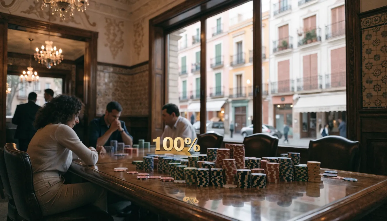 Interior de casino español con fichas y sello de bono 100% destacado.