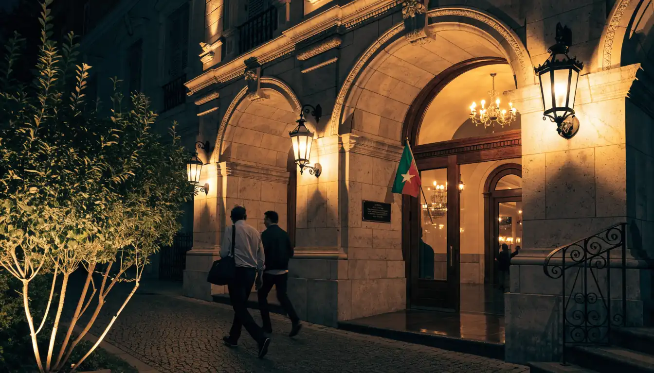 Entrada de casino nocturna con arcos de piedra y bandera de Anjouan