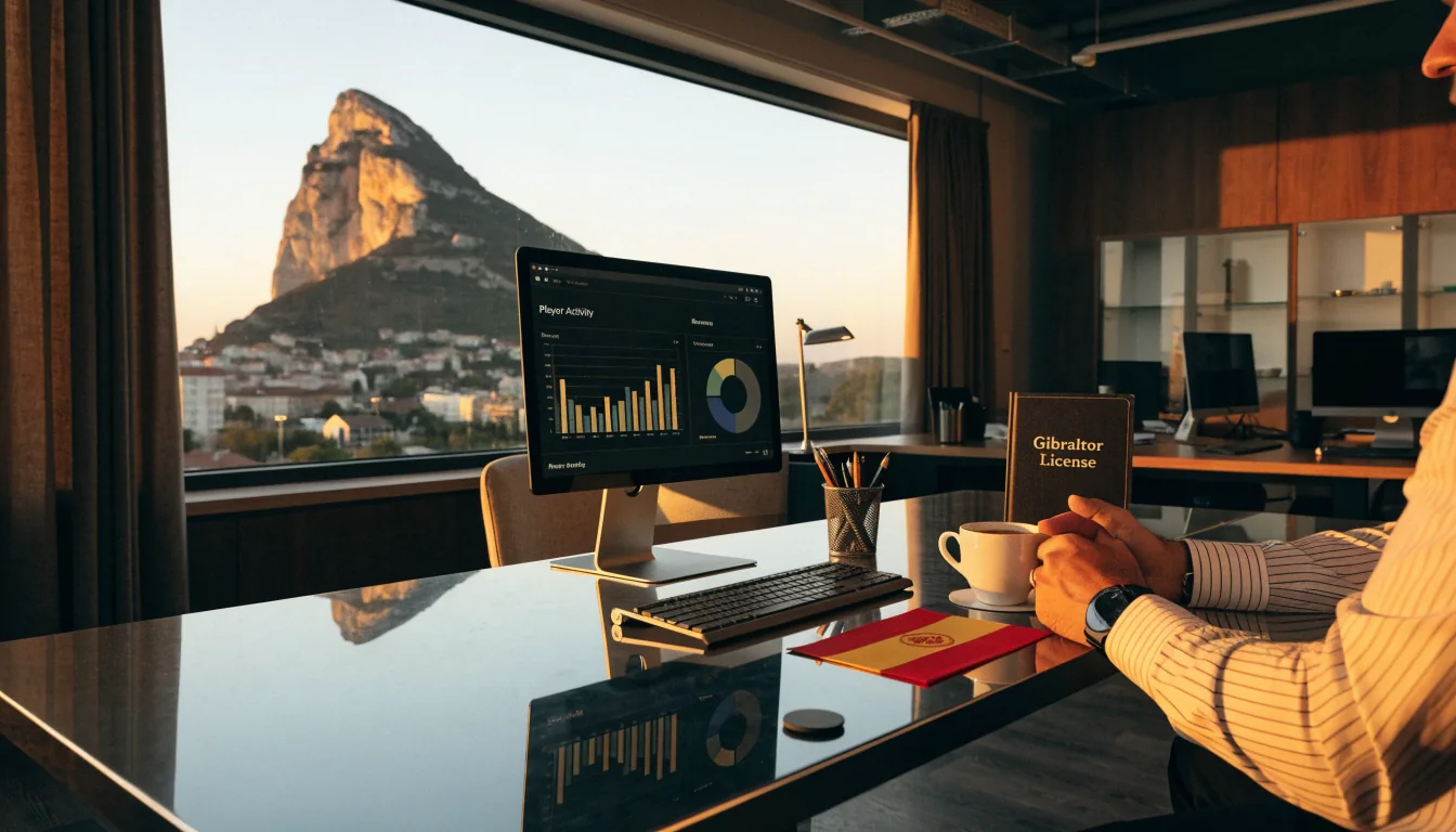 Oficina moderna en Gibraltar con licencia de juego y bandera española