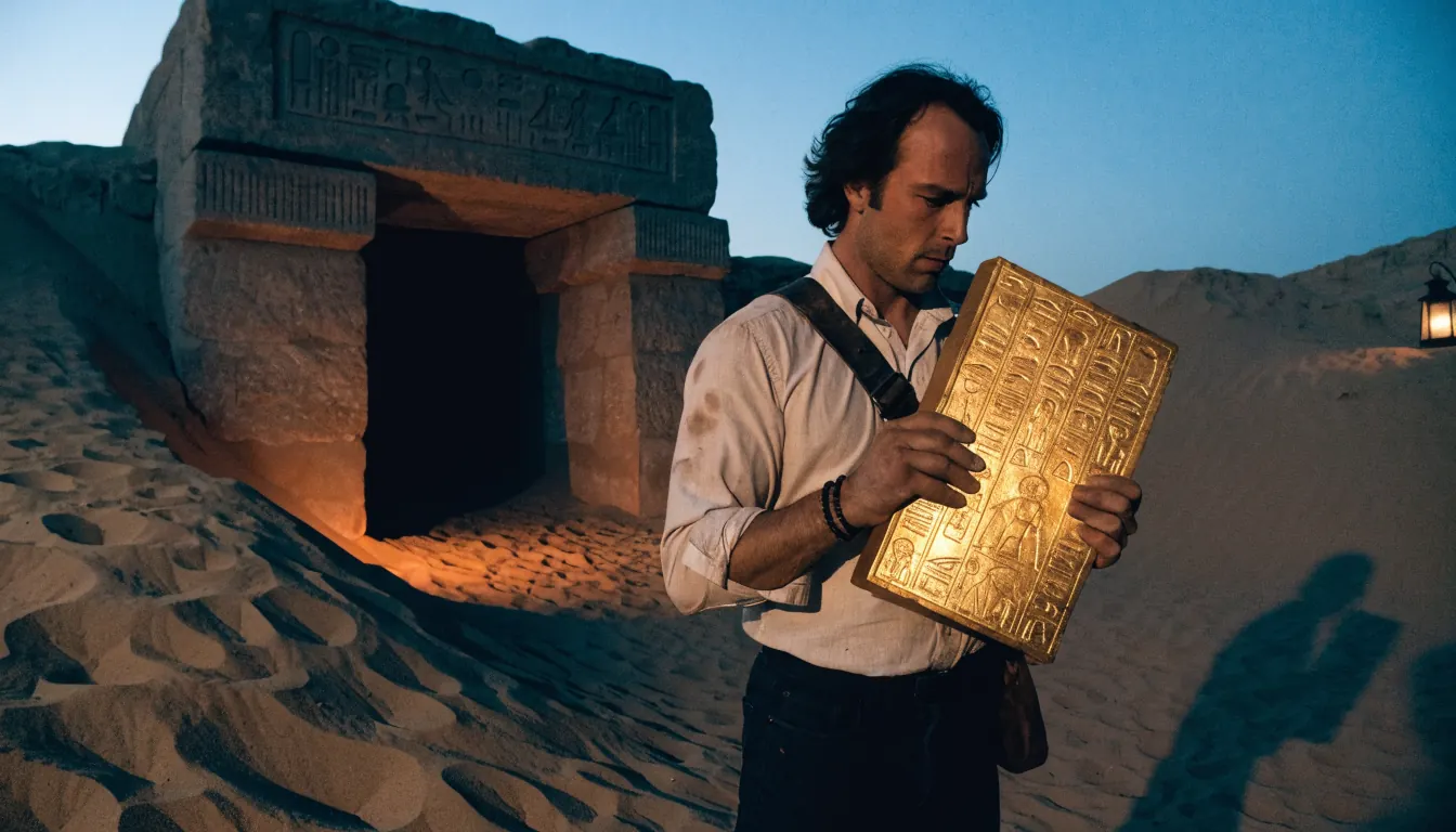 Explorador frente a tumba egipcia con el Libro de los Muertos brillante