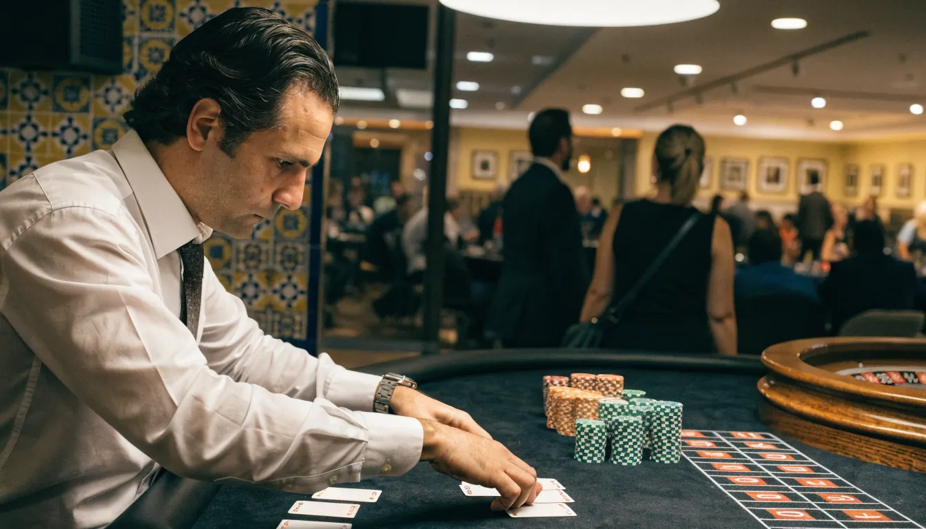 Croupier en vivo en casino español con luces y ruleta.