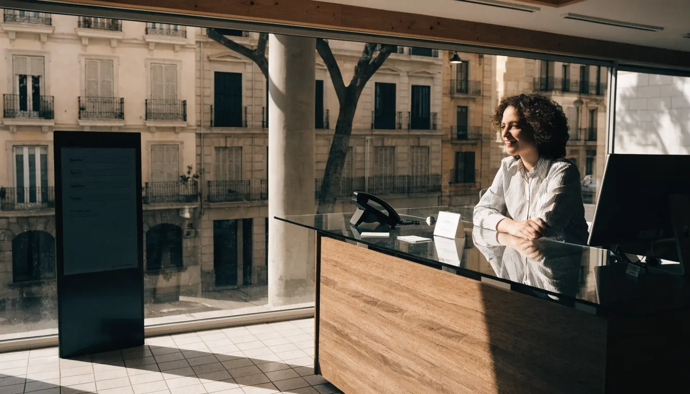 Recepción de oficina española con luz natural y personal amable
