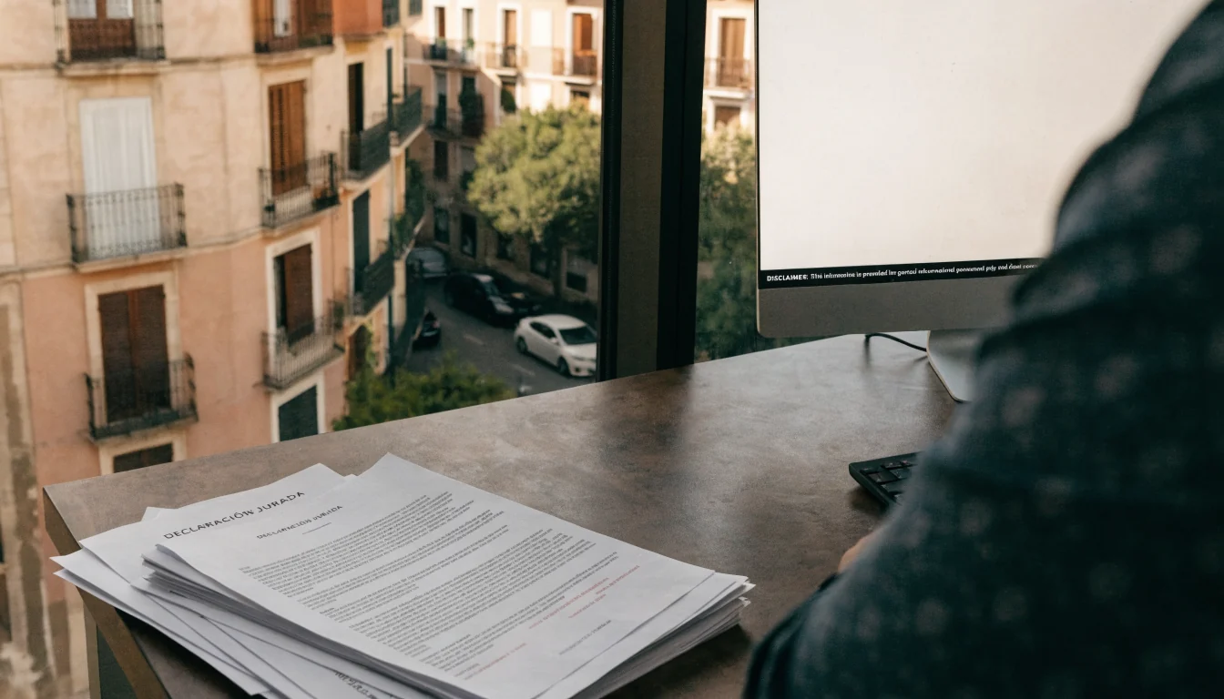 Escritorio profesional con documentos y pantalla mostrando un descargo de responsabilidad