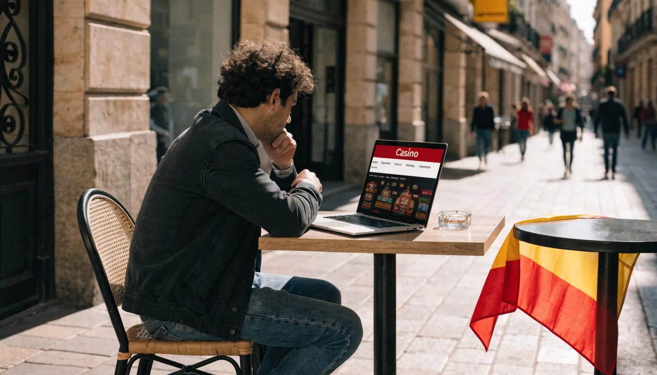 Café español con laptop mostrando sitio de casino bajo luz solar