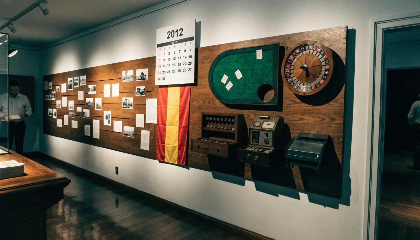 Exposición con calendario 2012, bandera española y equipos de casino vintage