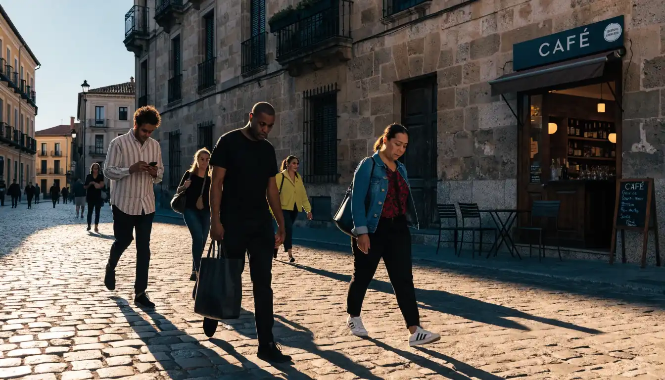 Escena callejera española con gente y señal de juego responsable.