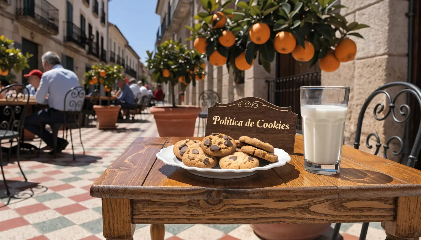 Terraza española con galletas y señal de política de cookies