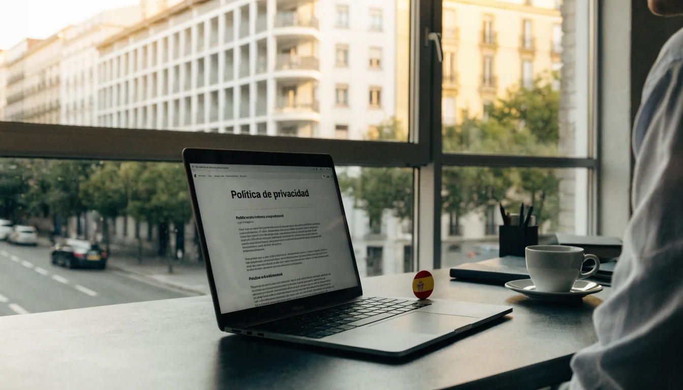 Escritorio con laptop y política de privacidad en Madrid
