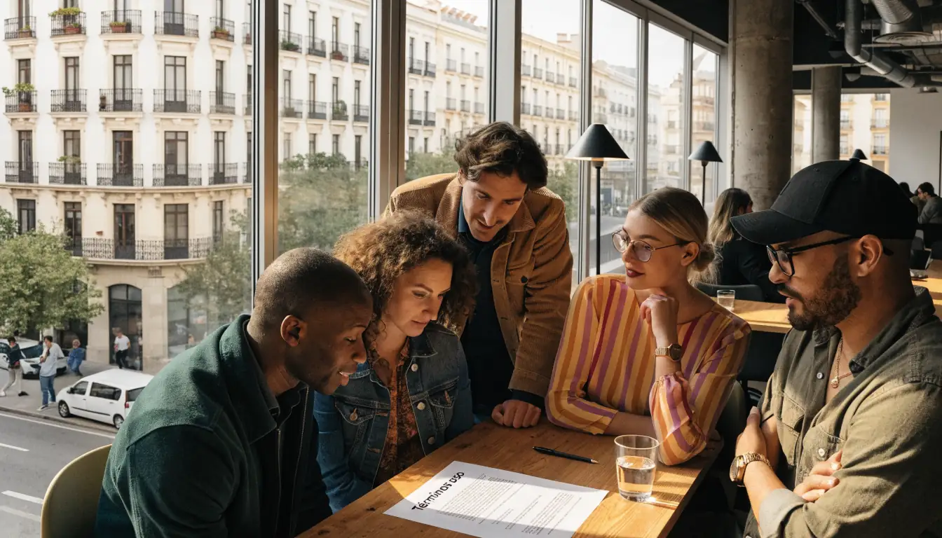 Grupo leyendo los Términos de Uso en una oficina española iluminada